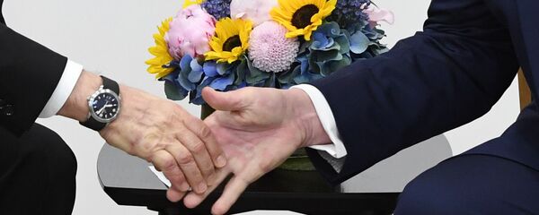 Rukovanje predsednika Rusije i SAD, Vladimira Putina i Donalda Trampa - Sputnik Srbija