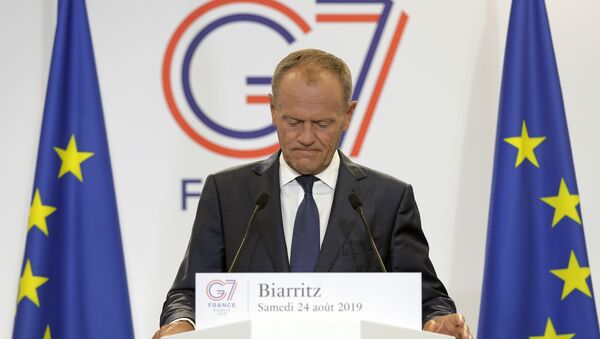 Председник Европског савета Доналд Туск на конференцији за медије првог дана самита Г7 у француском Бијарицу - Sputnik Србија