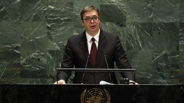 Predsednik Srbije Aleksandar Vučić za govornicom u UN - Sputnik Srbija