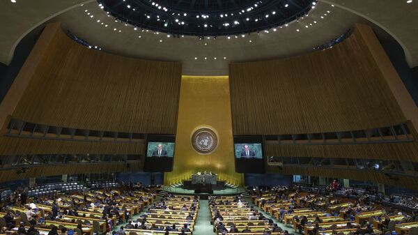 Ministar spoljnih poslova Rusije Sergej Lavrov govori na 74. zasedanju Generalne skupštine UN u Njujorku - Sputnik Srbija