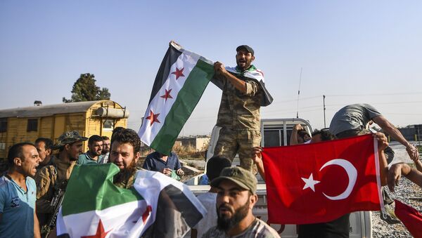Pripadnici sirijske opozicije, saveznici Turske, slave u Akčakaleu nakon početka turske operacije na severu Sirije - Sputnik Srbija