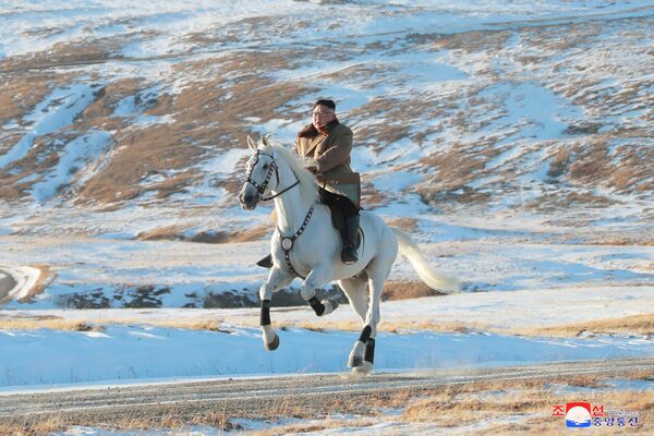 Севернокорејски вођа Ким Џонг Ун јахао је коња током снежних падавина на планини Паекту. - Sputnik Србија