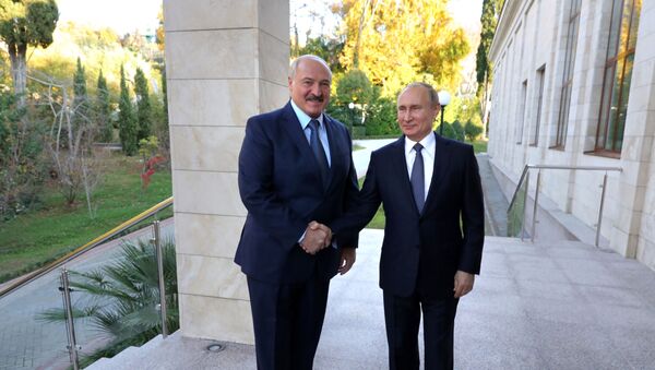 Председници Русије и Белорусије, Владимир Путин и Александар Лукашенко, пре састанка у Сочију - Sputnik Србија