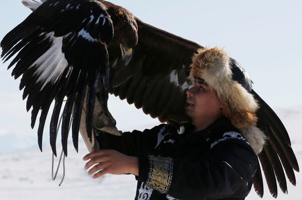 Lovac drži svog orla tokom tradicionalnog takmičenja u blizini sela Kajnar u  Almatskoj oblasti u Kazahstanu.
 - Sputnik Srbija