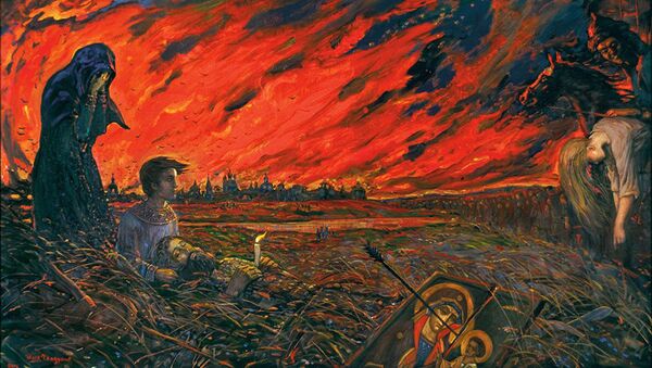 Slika Invazija Ilje Glazunova na kojoj je prikazan požar u Moskvi 1571. - Sputnik Srbija