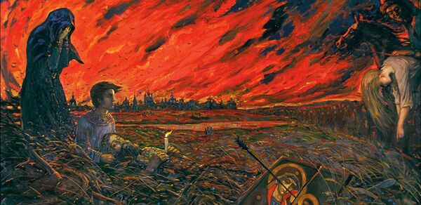 Слика Инвазија Иље Глазунова на којој је приказан пожар у Москви 1571. - Sputnik Србија