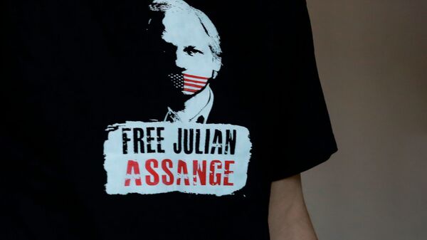 Poruka na majici Emira Kusturice Sloboda za Džulijana Asanža - Sputnik Srbija
