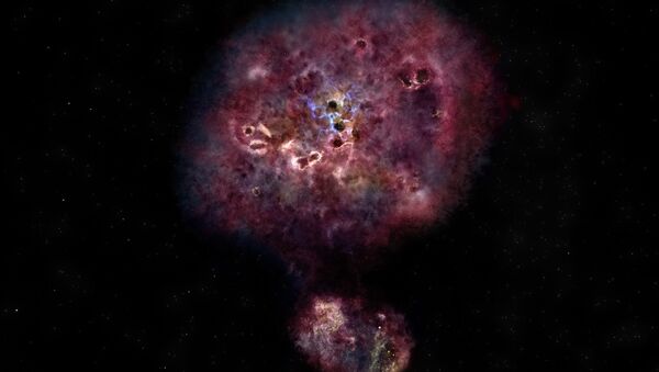 Уметнички утисак о огромној, прашњавој галаксији. Ово је слично ономе како је Икс-Ем-Ем 2599 изгледала у видљивој светлости када је формирала своје звезде - Sputnik Србија