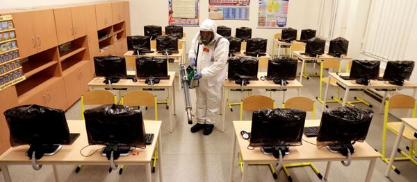 Радник у заштитном оделу дезинфикује учионицу у основној школи због проблема са коронавирусом у Прагу Радник у заштитном оделу дезинфикује учионицу у основној школи због проблема са коронавирусом у Прагу - Sputnik Србија