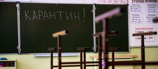 Prazna učionica sa natpisom „karantin“ na tabli Prazna učionica sa natpisom „karantin“ na tabli - Sputnik Srbija