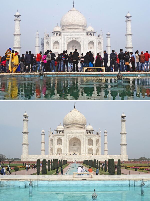 Tadž Mahal u Agri u Indiji 3. januara 2018. i 16. marta 2020. godine. - Sputnik Srbija