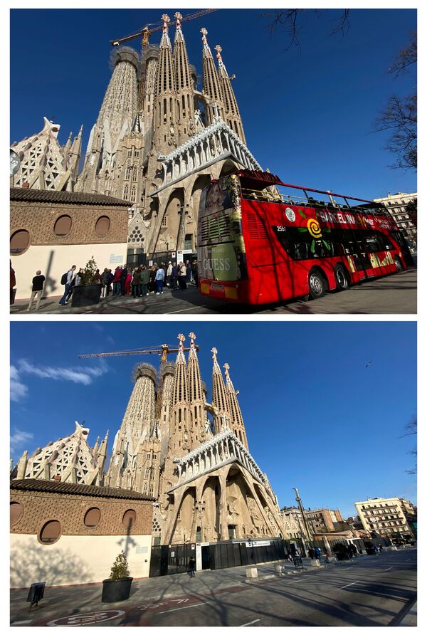 Базилика Саграда фамилија у Барселони пре 13. марта 2020. године и после њега, када су радови престали због пандемије коронавируса. - Sputnik Србија