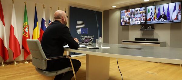 Председник Европског савета Шарл Мишел током видео-конференције са лидерима земаља-чланица Г20 Председник Европског савета Шарл Мишел током видео-конференције са лидерима земаља-чланица Г20 - Sputnik Србија