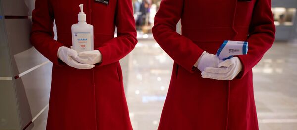 Дезинфекцијски гел и топлометар на улазу у тржни центар Дезинфекцијски гел и топлометар на улазу у тржни центар - Sputnik Србија