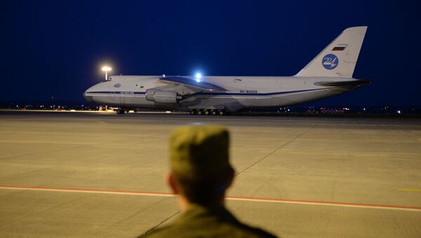 Vojnik posmatra sletanje aviona An-124-100 Ruslan  - Sputnik Srbija