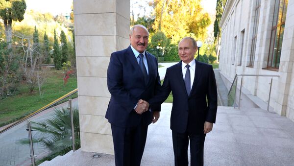 Председници Белорусије и Русије, Александар Лукашенко и Владимир Путин, пре састанка у Сочију - Sputnik Србија
