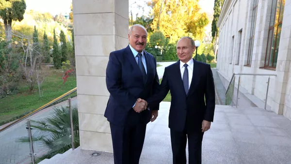 Председници Белорусије и Русије, Александар Лукашенко и Владимир Путин, пре састанка у Сочију - Sputnik Србија