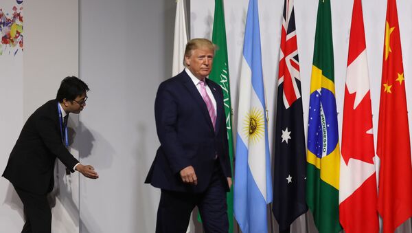 Američki predsednik Donald Tramp prolazi pored zastava država-članica G20 - Sputnik Srbija