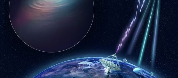 Уметнички приказ радио-експлозије у којој је рођена галаксија ДЕС Ј2144-4054 Уметнички приказ радио-експлозије у којој је рођена галаксија ДЕС Ј2144-4054 - Sputnik Србија