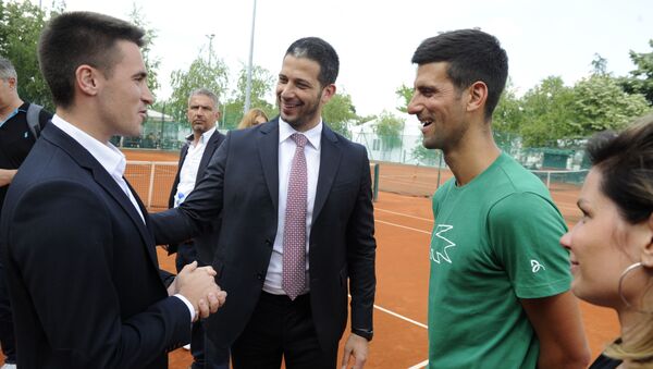 Novak Đoković, Đorđe Đoković i Vanja Udovičić na centralnom terenu TC „Novak“ - Sputnik Srbija