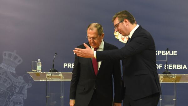 Председник Србије Александар Вучић и министра спољних послова Русије након састанка - Sputnik Србија