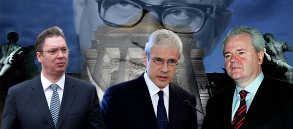 Александар Вучић, Борис Тадић, Слободан Милошевић ( у позадини се види Народна скупштина Србије и лик Хенрија Кисинџера ) - Sputnik Србија