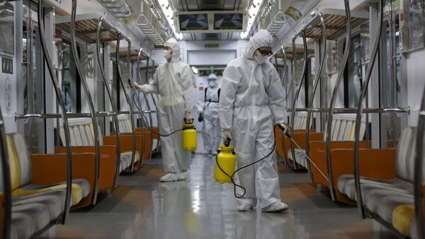 Radnici dezinfikuju voz u metrou u Seulu zbog virusa MERS - Sputnik Srbija