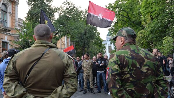 Pripadnici Desnog sektora i njihove pristalice ispred Predsedničke palate u Kijevu - Sputnik Srbija