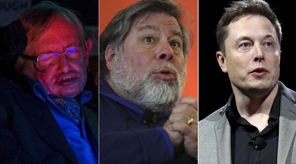Profesor Stiven Hoking (levo), koosnivač kompanije „Epl“ Stiv Voznijak (sredina) i generalni direktor kompanije „Tesla“ Ilon Mask (desno) - Sputnik Srbija