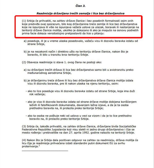 Sporazum o readmisiji potpisan je 2007. godine, istog dana kada je sa Srbijom zaključen i sporazum o viznim olakšicama. Sporazum o readmisiji takođe je deo nedavno potpisanog IPAP dokumenta kojim se NATO alijansa ovlašćuje za kontrolu i nadzor prihvaćenih obaveza. Sporazum o readmisiji potpisan je 2007. godine, istog dana kada je sa Srbijom zaključen i sporazum o viznim olakšicama. Sporazum o readmisiji takođe je deo nedavno potpisanog IPAP dokumenta kojim se NATO alijansa ovlašćuje za kontrolu i nadzor prihvaćenih obaveza. - Sputnik Srbija