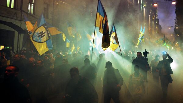 Ukrajinski nacionalisti iz Azov bataljona tokom protesta u Kijevu. - Sputnik Srbija