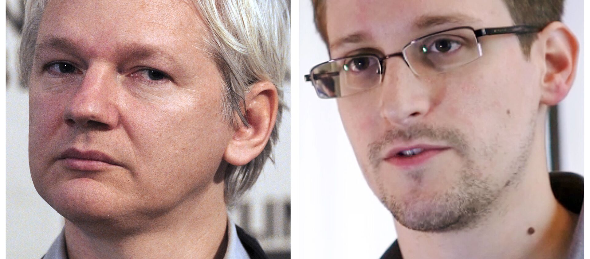 Комбинација направљена 3. јула 2013. приказује архивску фотографију оснивача Викиликса Џулијана Асанжа (лево) од 7. јуна 2013. у Лондону и скриншот бившег америчког агента Државне безбедносне агенције (НСА) Едварда Сноудена направљен 6. јуна 2013. у Хонгконгу - Sputnik Србија, 1920, 05.01.2021
