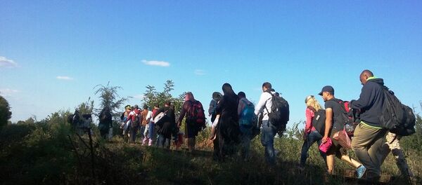 Migranti u koloni idu prugom - Sputnik Srbija