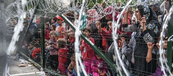 Izbeglice stoje ispred ograde na mađarsko-srpskoj granici kod Horgoša - Sputnik Srbija