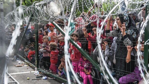 Избеглице стоје испред ограде на мађарско-српској граници код Хоргоша - Sputnik Србија